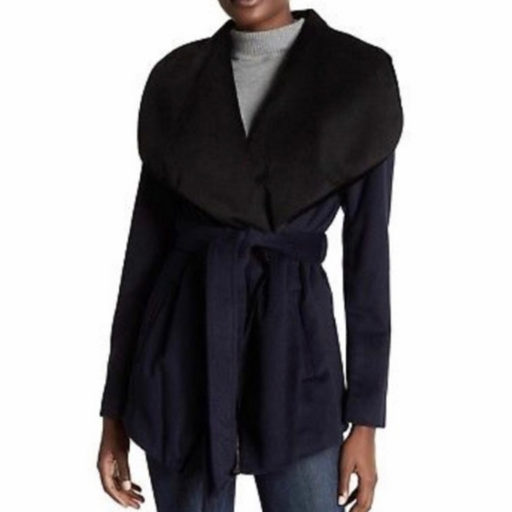 BCBG Shawl Navy Wool Blend Coat Size XS